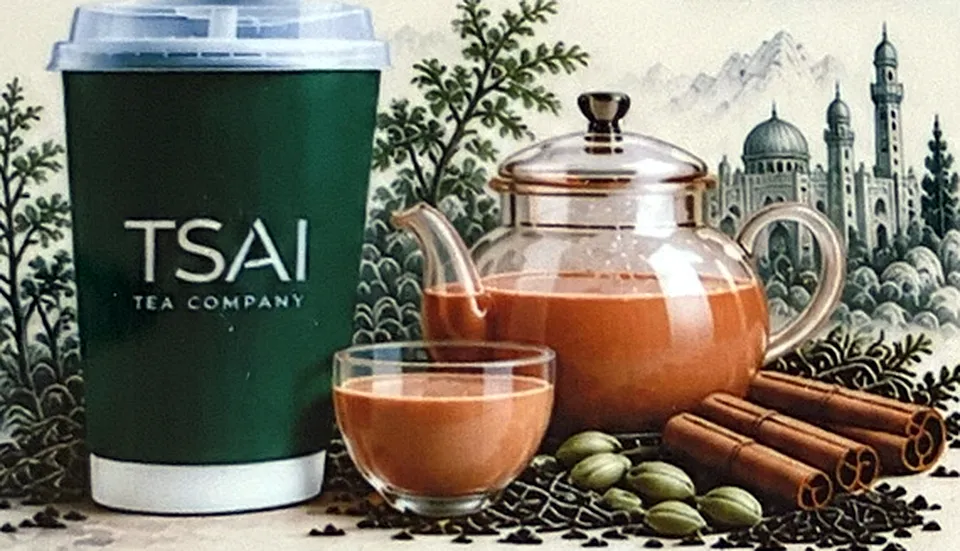 Karak Tea от TSAI: стакан, чайник и пиала с молочным чаем, кардамон и корица